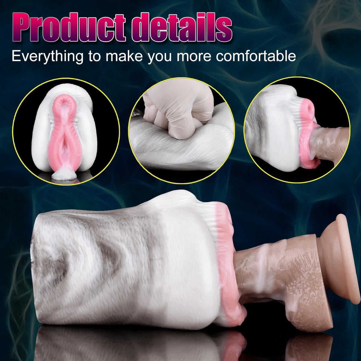 Realistic male masturbator with soft pink interior, textured white exterior, and suction base for stability