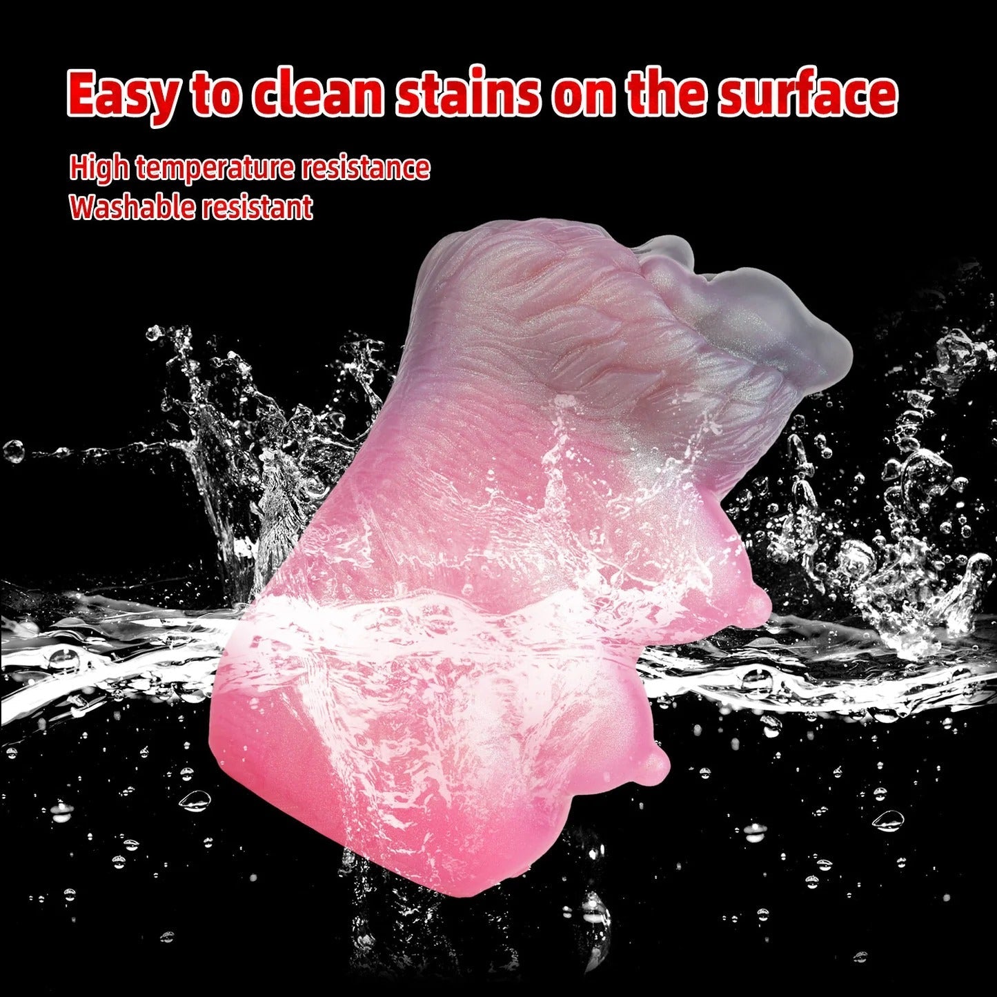 Pink realistic male masturbator with textured surface, shown washable in water, heat-resistant material