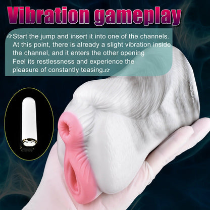 Realistic flesh-toned male masturbator with pink vaginal opening, textured skin, and included vibrating bullet