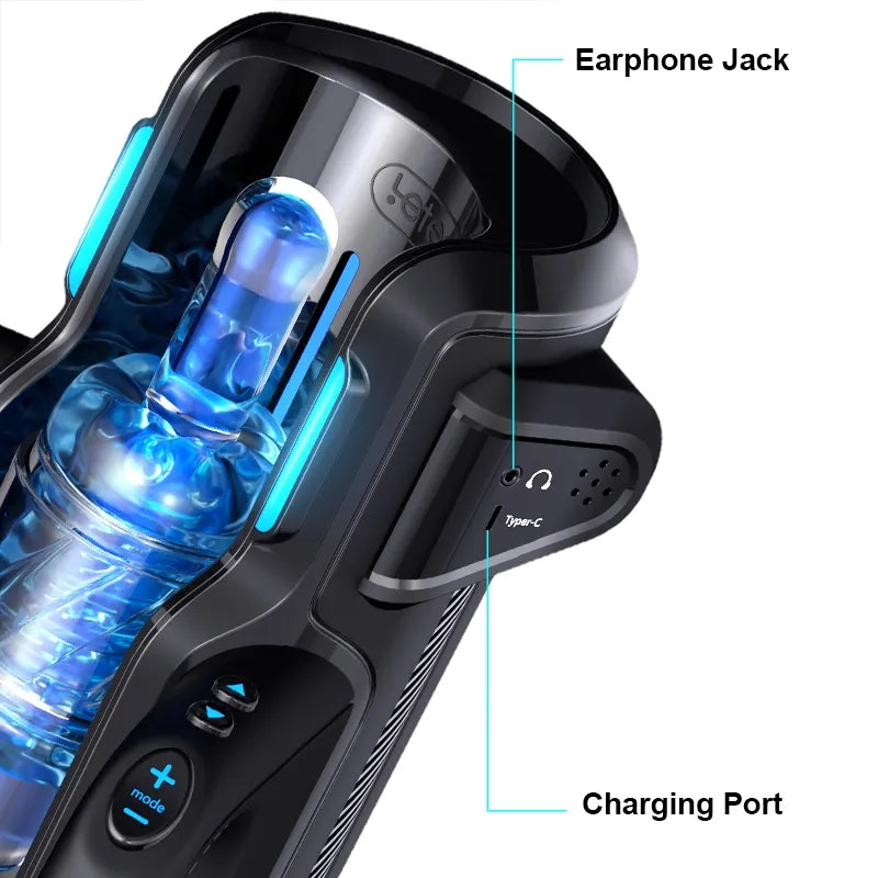 Black male masturbator with blue internal lighting, earphone jack, and USB-C charging port for realistic pleasure.
