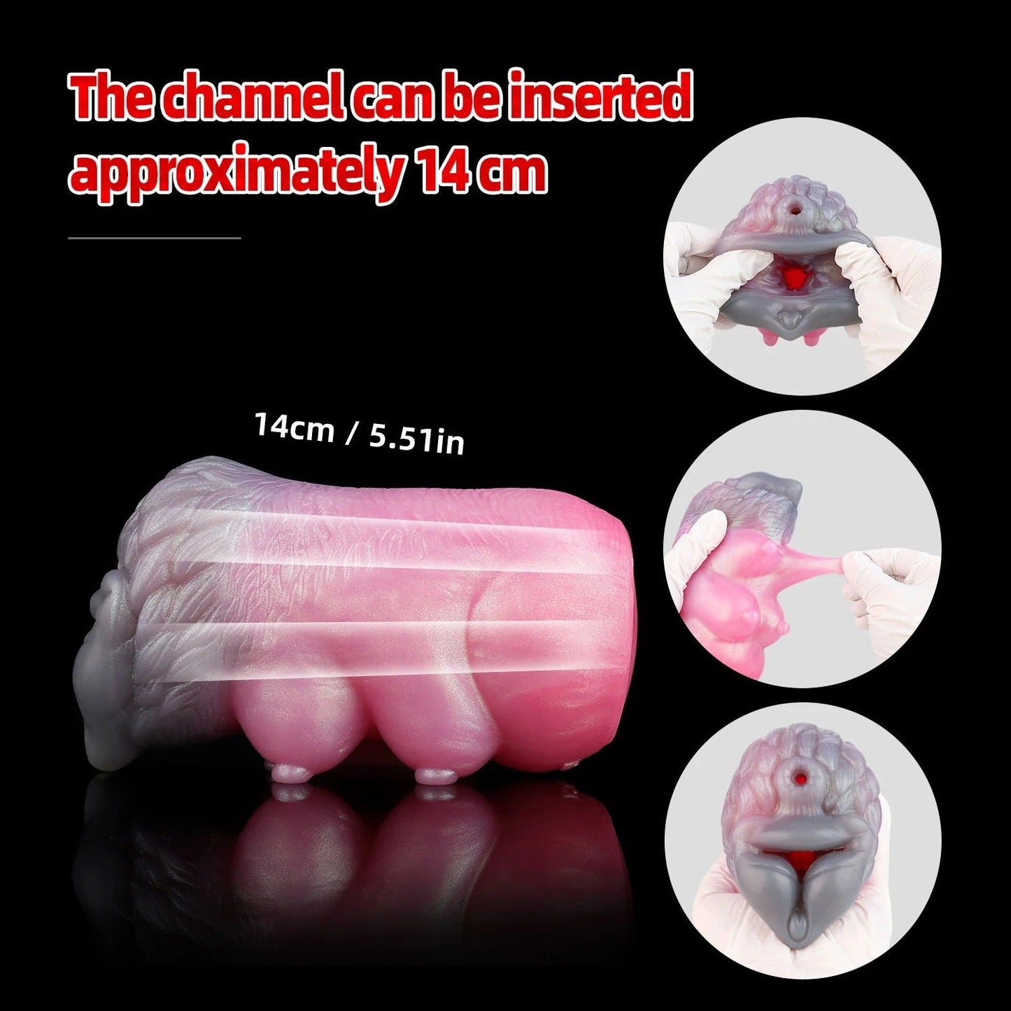 Realistic pink and gray silicone male masturbator with 14cm insertable channel, textured exterior, and stretchable material