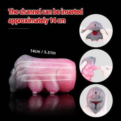 Realistic pink and gray silicone male masturbator with 14cm insertable channel, textured exterior, and stretchable material