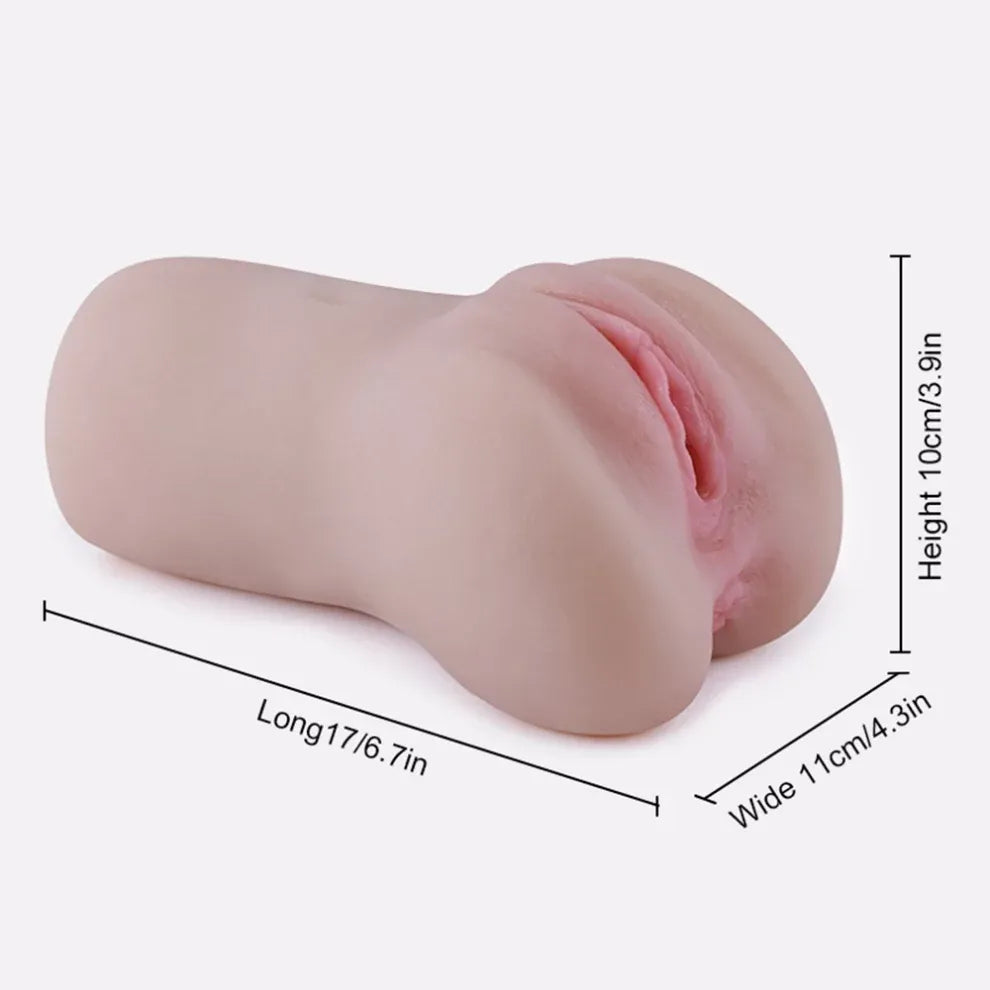Realistic flesh-toned male masturbator with detailed labia, 17cm long, soft silicone texture