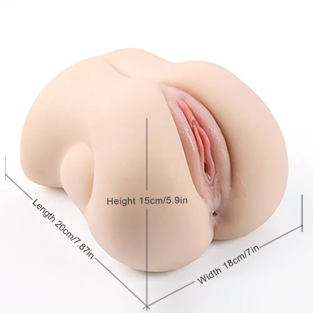 Realistic flesh-toned male masturbator with detailed labia, 20cm length, soft silicone texture