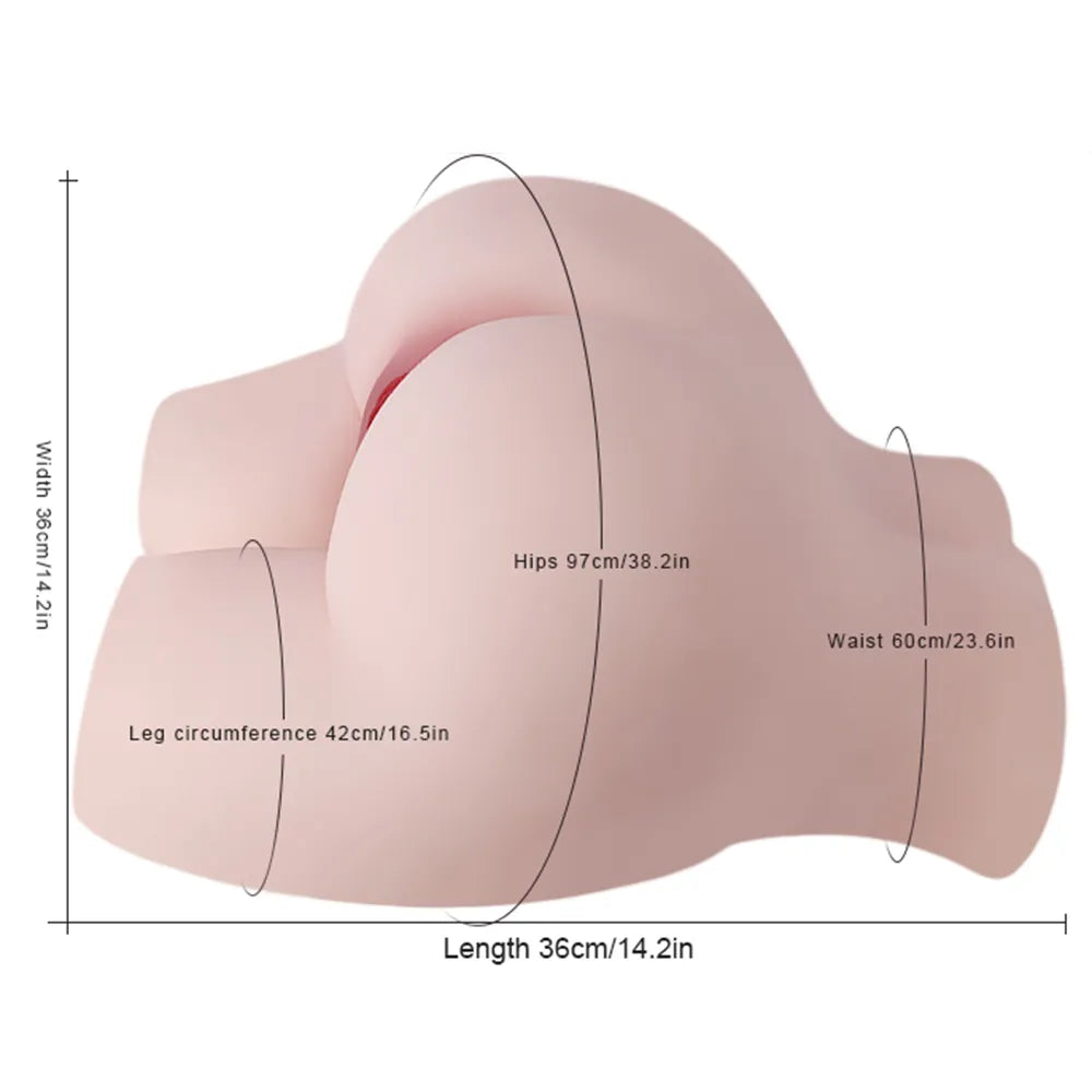 Realistic female torso with detailed curves, soft skin texture, and labeled measurements for hips, waist, and length.