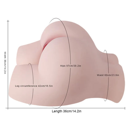 Realistic female torso with detailed curves, soft skin texture, and labeled measurements for hips, waist, and length.