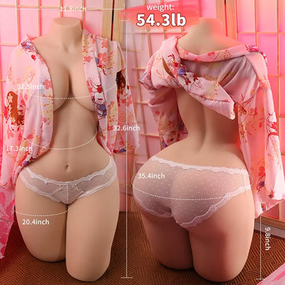 Realistic female torso with floral robe and lace underwear, showing detailed measurements and soft skin texture