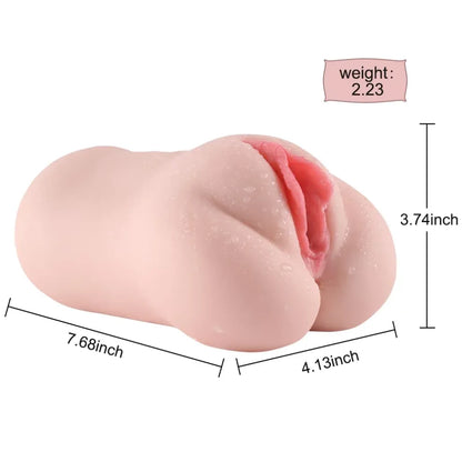 Realistic pink silicone male masturbator with detailed labia, measuring 7.68 x 4.13 x 3.74 inches, 2.23 lbs