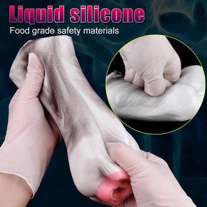 Soft liquid silicone male masturbator with realistic texture and pink interior, shown being squeezed for flexibility