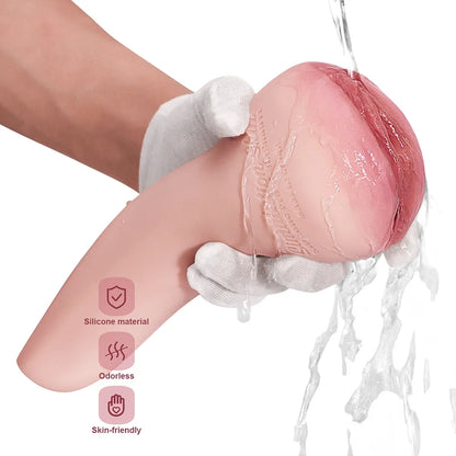 Realistic silicone male masturbator with natural skin texture, being rinsed under water, odorless and skin-friendly