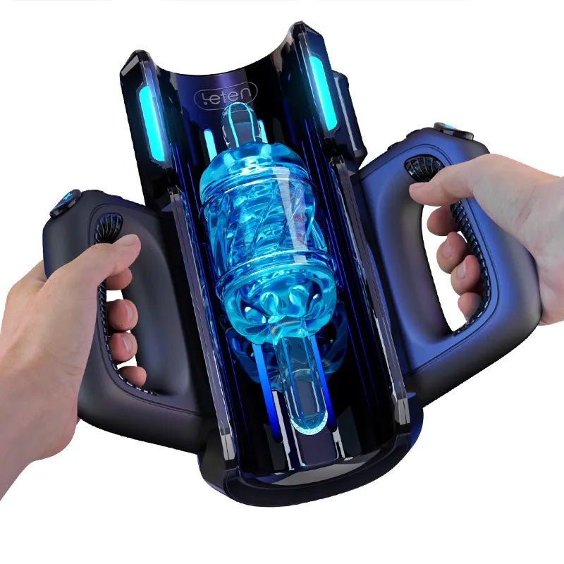 Hands holding a sleek black and blue male masturbator with glowing internal chamber and textured sleeve