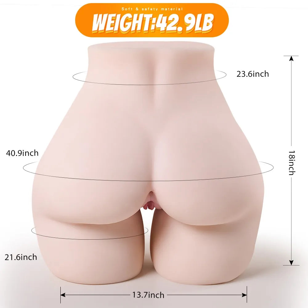 Realistic female lower body with detailed curves, soft skin texture, and anatomical measurements shown