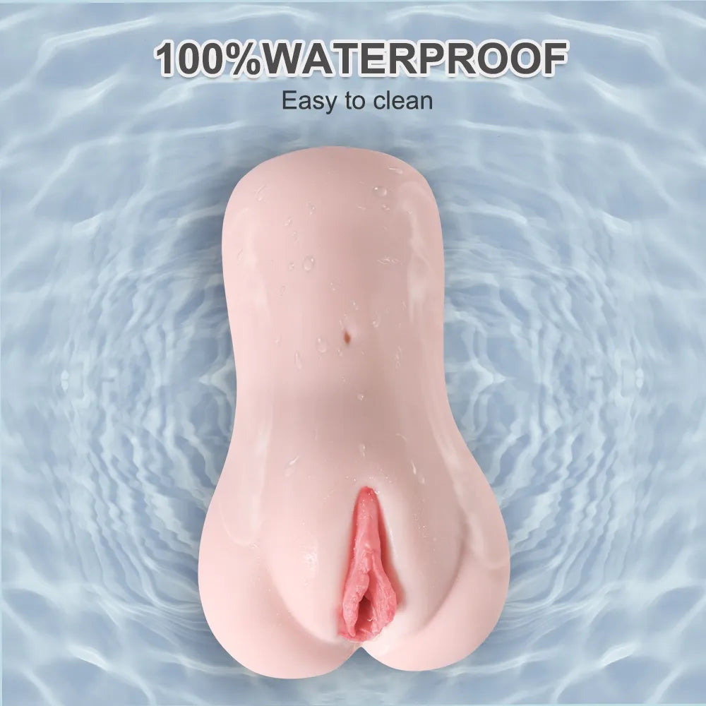 Realistic pink silicone male masturbator with detailed labia, waterproof for easy cleaning