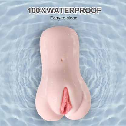 Realistic pink silicone male masturbator with detailed labia, waterproof for easy cleaning
