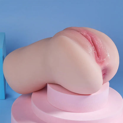 Realistic male masturbator with soft silicone texture, natural skin tone, and detailed vaginal opening on pink display stand