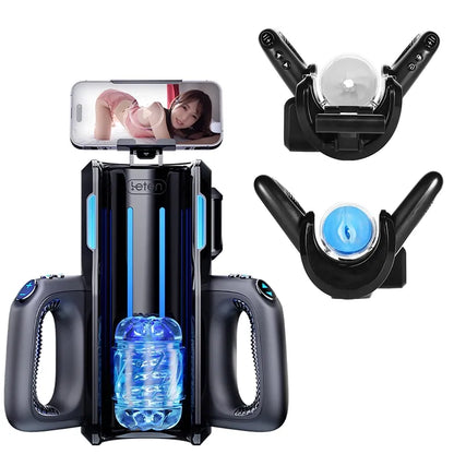 Black interactive male masturbator with blue LED lights, dual handles, and phone mount for immersive experience