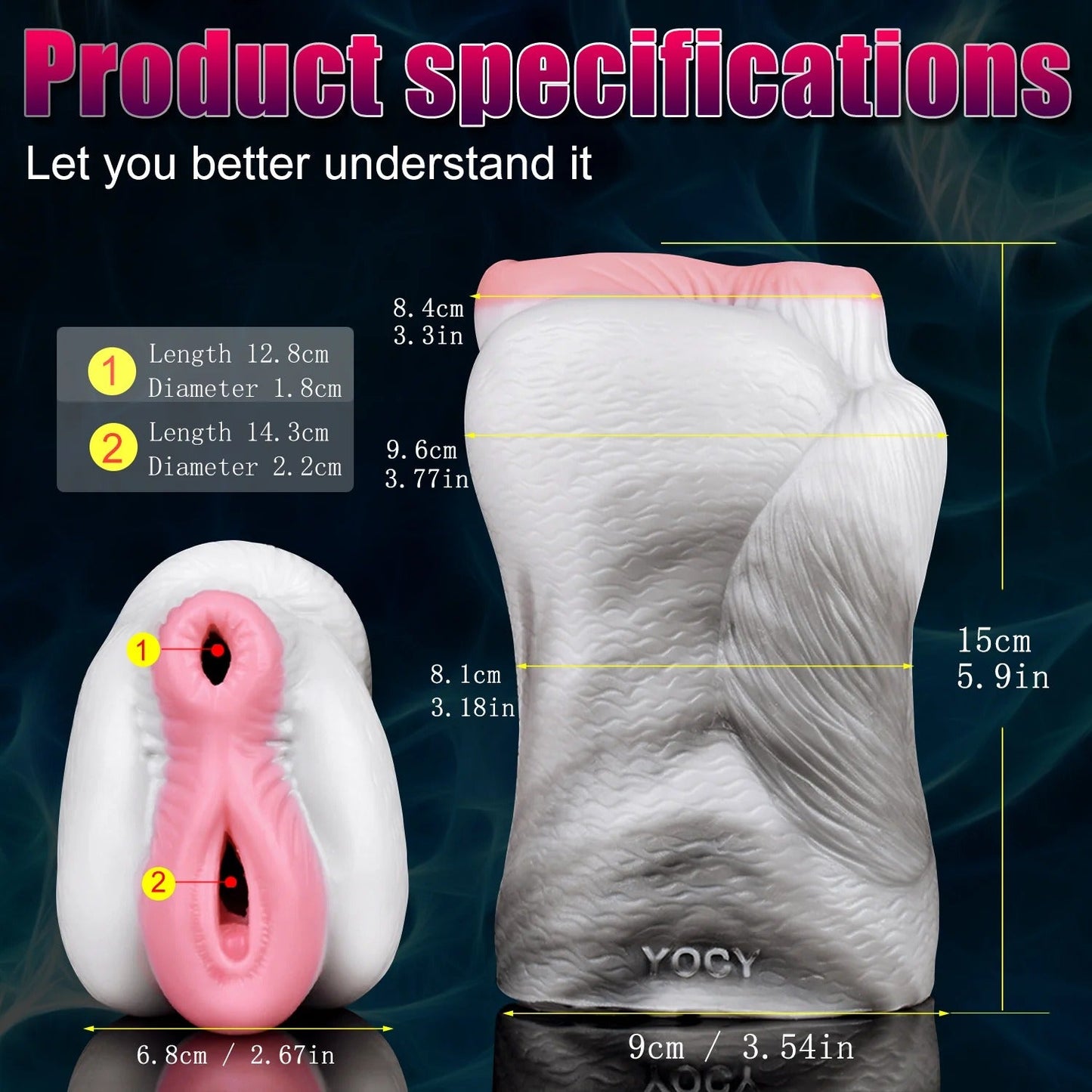 Realistic male masturbator with dual textured tunnels, pink interior, white exterior, detailed measurements shown
