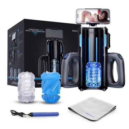 Black automated male masturbator with blue LED lights, dual textured sleeves, phone mount, and cleaning cloth