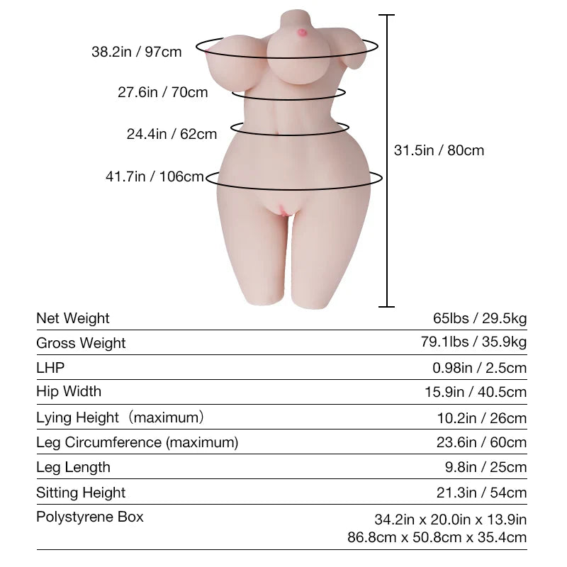 Tantaly Lola: 65LB Voluptuous Sex Doll Torso with 32E Cup - RealVagina