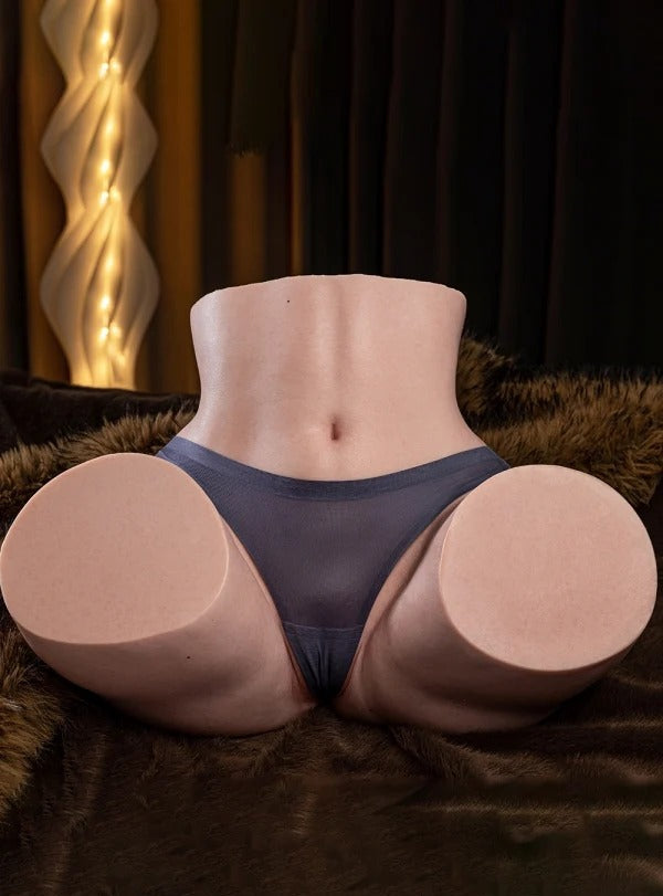 Realistic female torso with plush thighs, wearing dark gray thong, soft skin texture, posed on faux fur