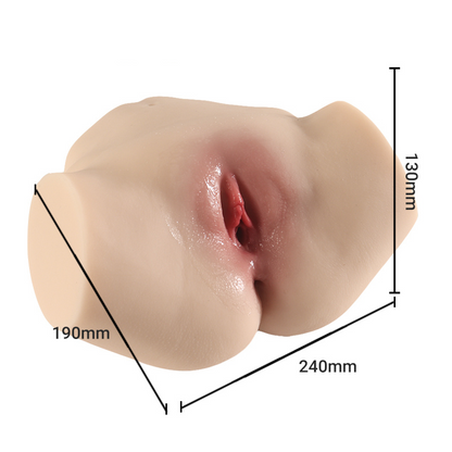 Realistic male masturbator with detailed labia, pink interior, and lifelike skin texture, measuring 240mm x 190mm x 130mm