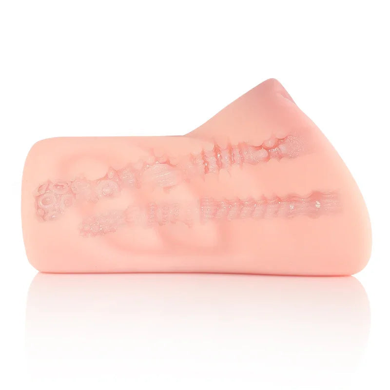 Pink realistic male masturbator with textured interior and soft silicone exterior for enhanced pleasure