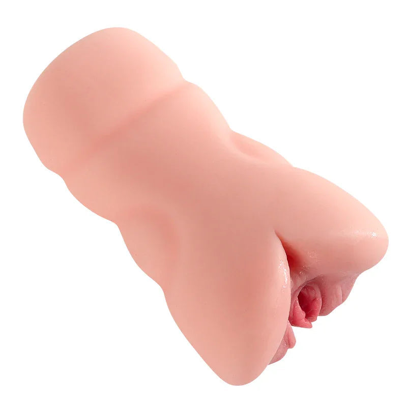Realistic pink silicone male masturbator with detailed labia and vaginal opening, smooth texture