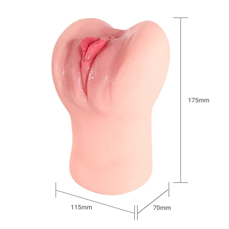 Realistic pink silicone male masturbator with detailed labia, 175mm height, soft textured surface