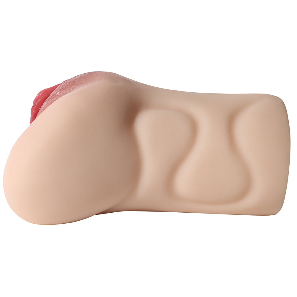 Realistic male masturbator with soft skin texture, natural curves, and detailed pink labia for intimate pleasure.