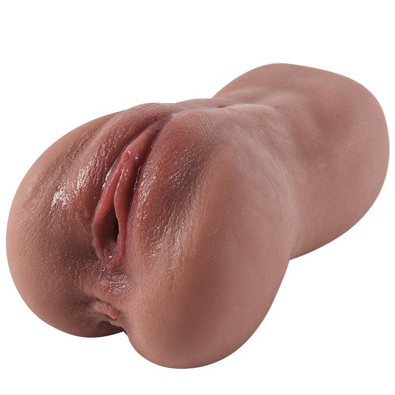 Realistic flesh-toned male masturbator with detailed labia and vaginal opening, smooth soft texture
