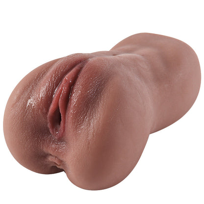 Realistic flesh-toned male masturbator with detailed labia and vaginal opening, smooth soft texture