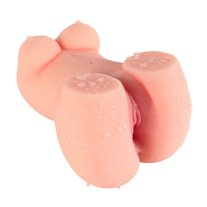 Realistic pink silicone male masturbator with textured labia, wet surface, and detailed vaginal opening