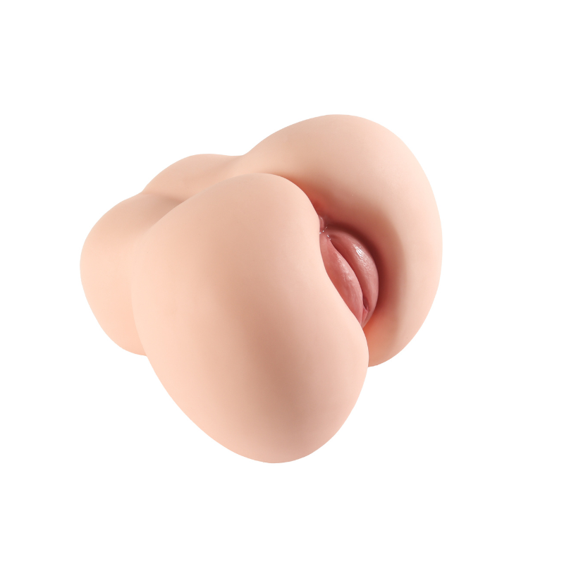 Realistic flesh-toned male masturbator with detailed labia and textured interior, designed for lifelike sensation.