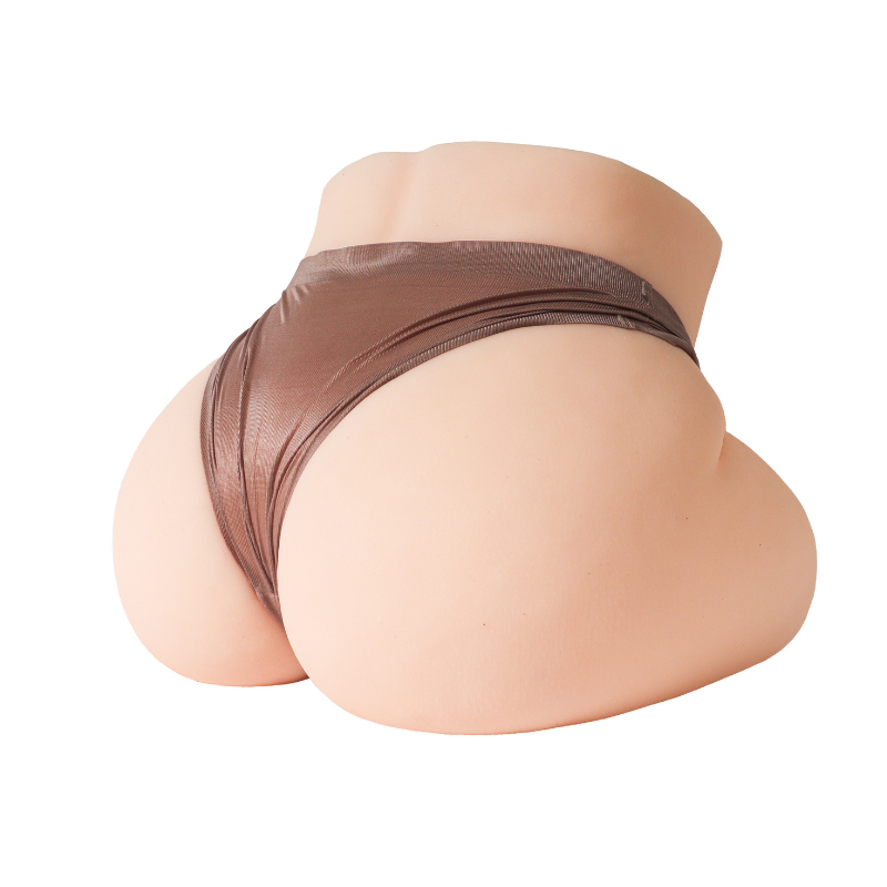 Realistic female torso with smooth skin and brown satin underwear, designed for intimate pleasure.