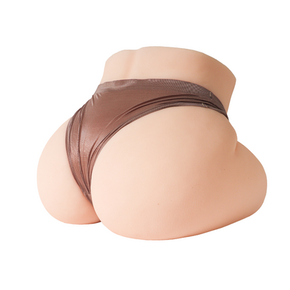 Realistic female torso with smooth skin and brown satin underwear, designed for intimate pleasure.