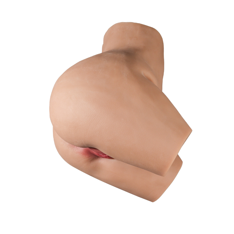 Realistic flesh-toned male masturbator with detailed labia and soft silicone texture