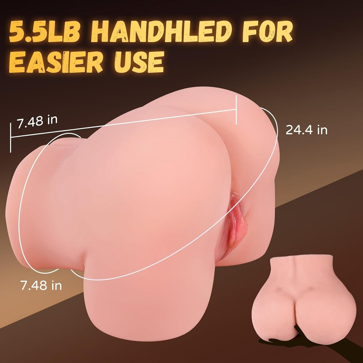 Realistic female rear with detailed labia, soft skin texture, 24.4-inch circumference, designed for handheld use.