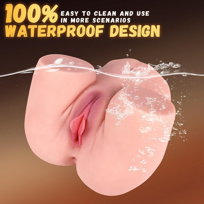 Realistic pink silicone male masturbator with waterproof design, shown submerged in water for easy cleaning