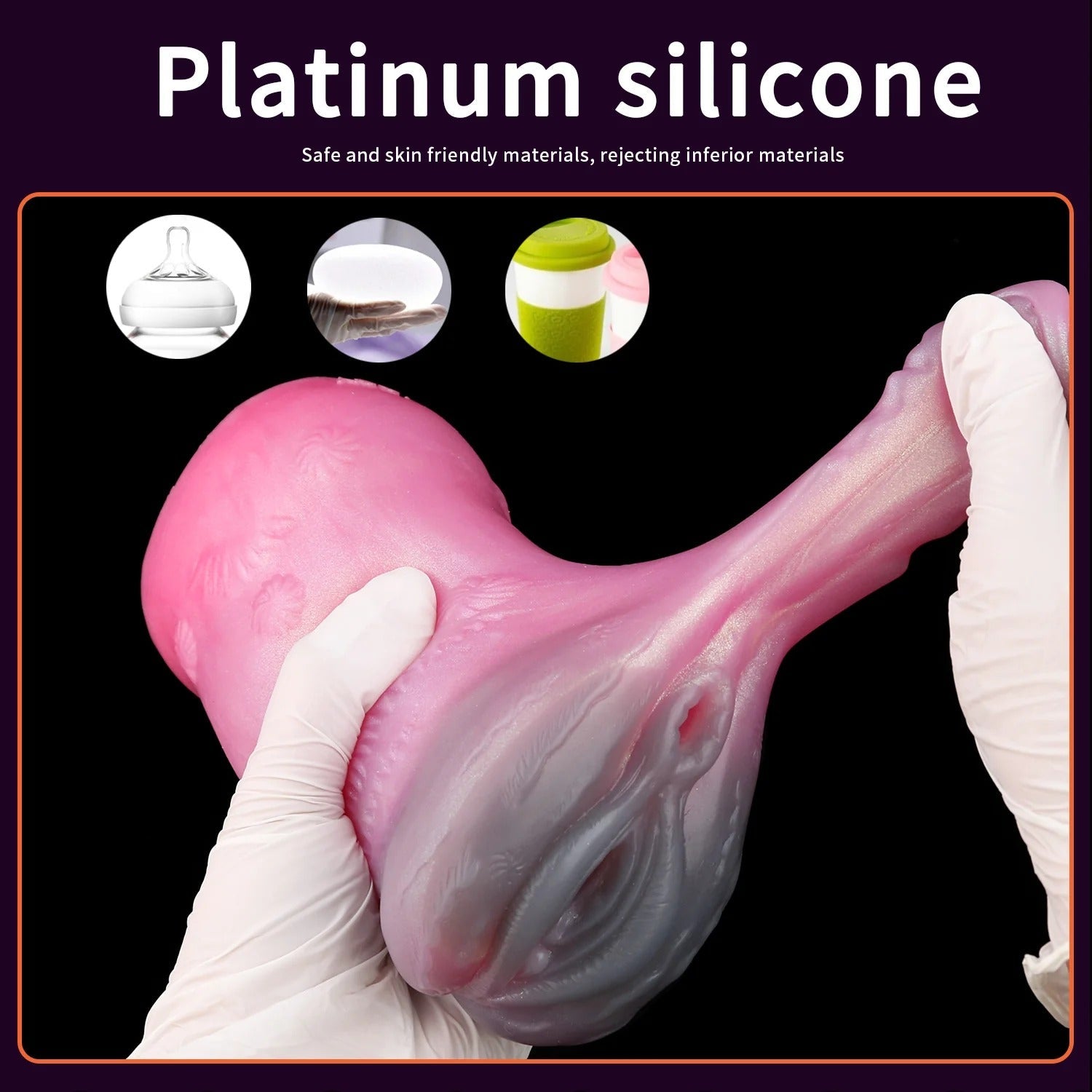 Pink silicone male masturbator with realistic texture, held by gloved hands, showcasing soft, stretchy material