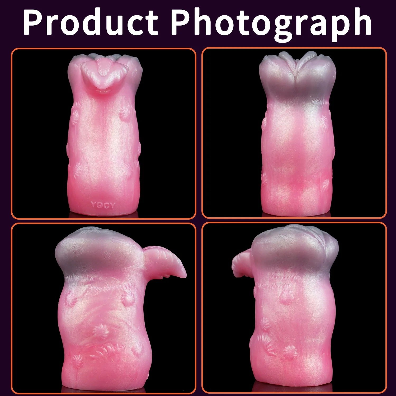 Pink realistic male masturbator with textured floral patterns and soft silicone finish, shown from multiple angles