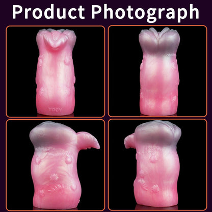 Pink realistic male masturbator with textured floral patterns and soft silicone finish, shown from multiple angles