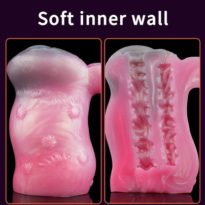 Pink realistic male masturbator with soft inner texture and floral exterior detailing