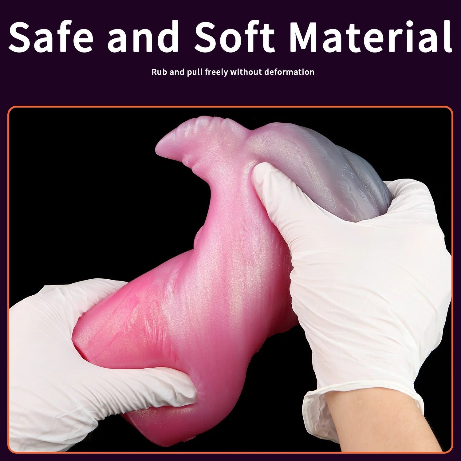 Soft pink realistic male masturbator with textured interior, shown being gently stretched by gloved hands