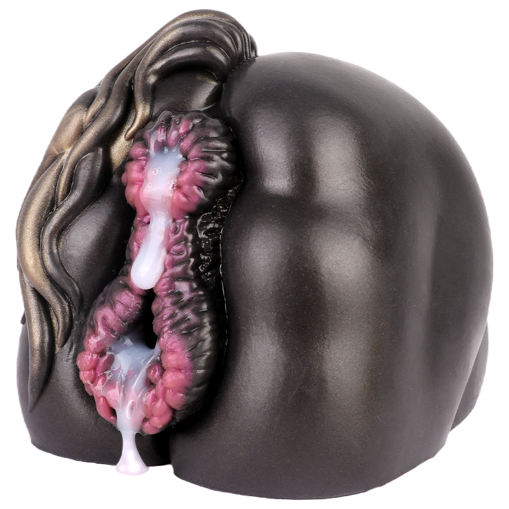 Realistic male masturbator with detailed pink inner texture, glossy black exterior, and lifelike fluid secretion