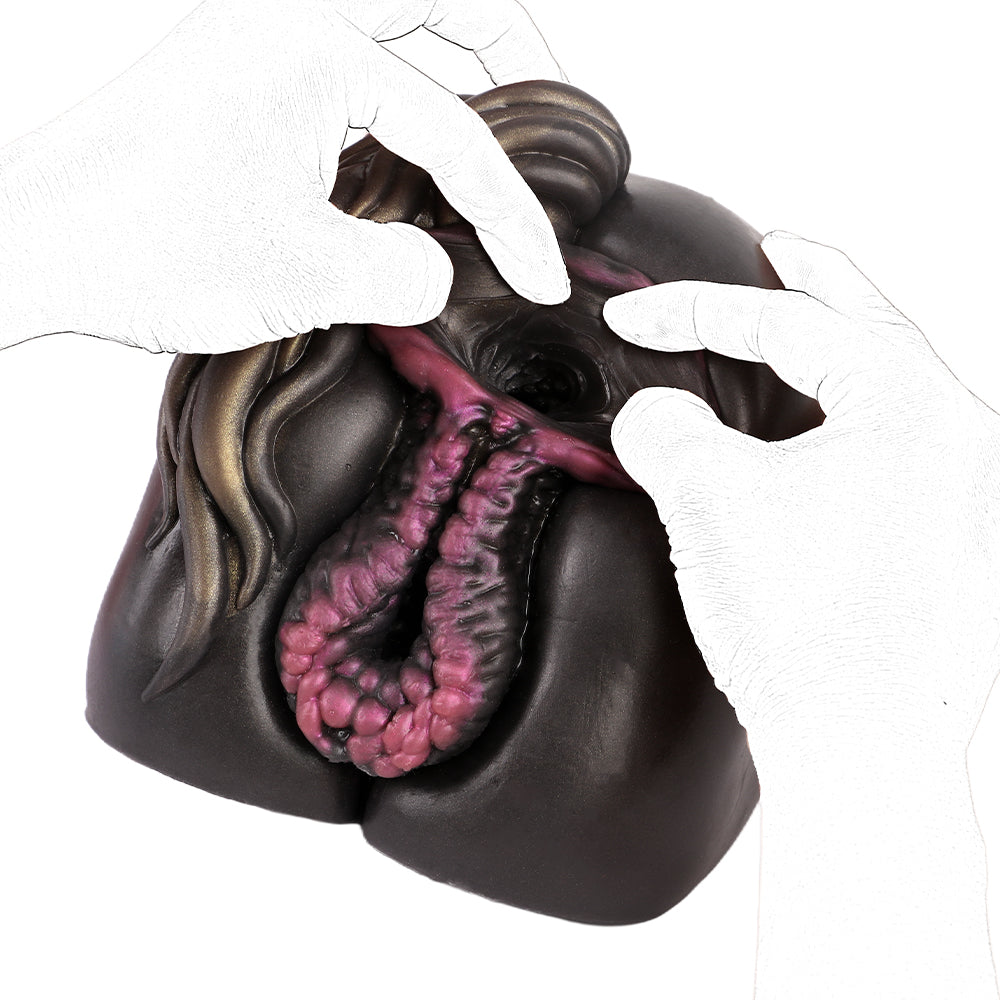 Realistic male masturbator with detailed pink interior and dark exterior, shown with hands demonstrating texture and shape