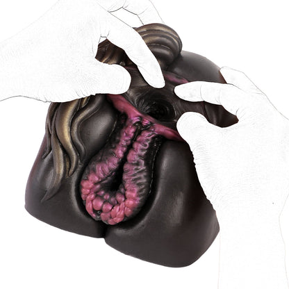 Realistic male masturbator with detailed pink interior and dark exterior, shown with hands demonstrating texture and shape