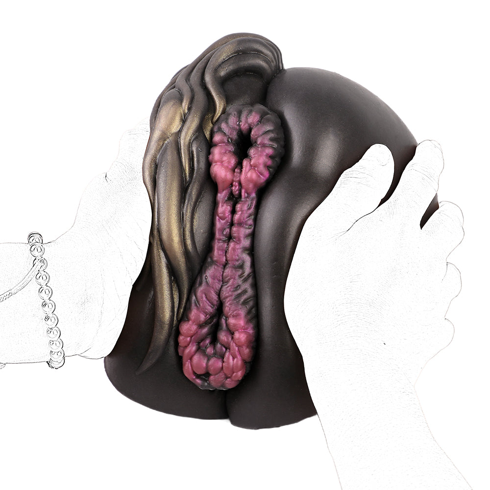 Realistic male masturbator with detailed pink interior and smooth dark exterior, held in hands