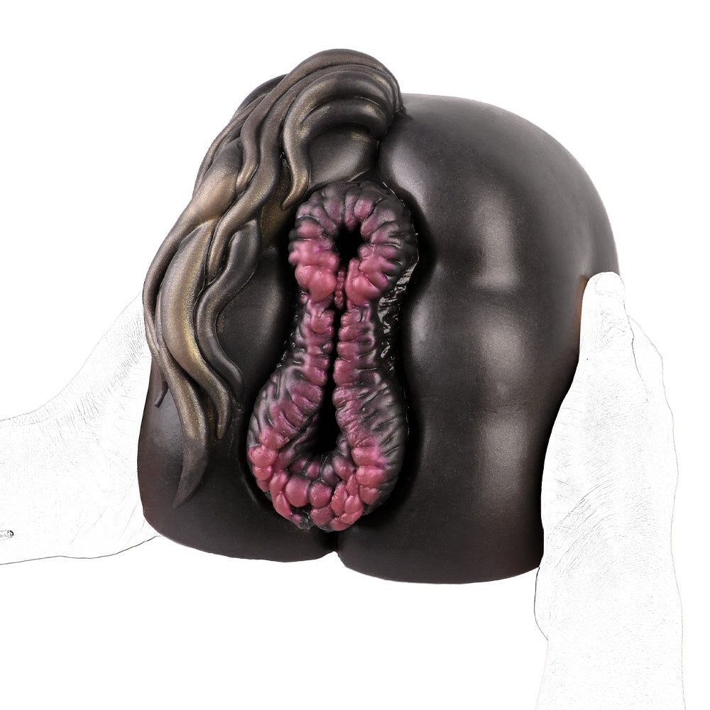 Realistic male masturbator with textured pink interior and dark glossy exterior, held in hands.