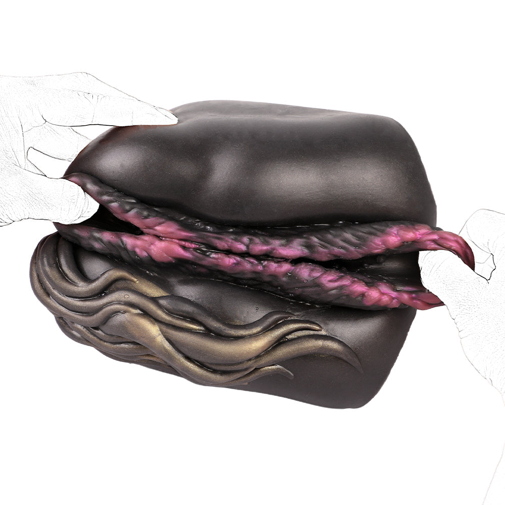 Realistic male masturbator with dark exterior, pink inner texture, and wavy gold detailing for enhanced sensation.
