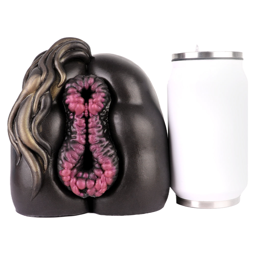Realistic male masturbator with detailed pink interior and dark exterior, shown next to a can for scale